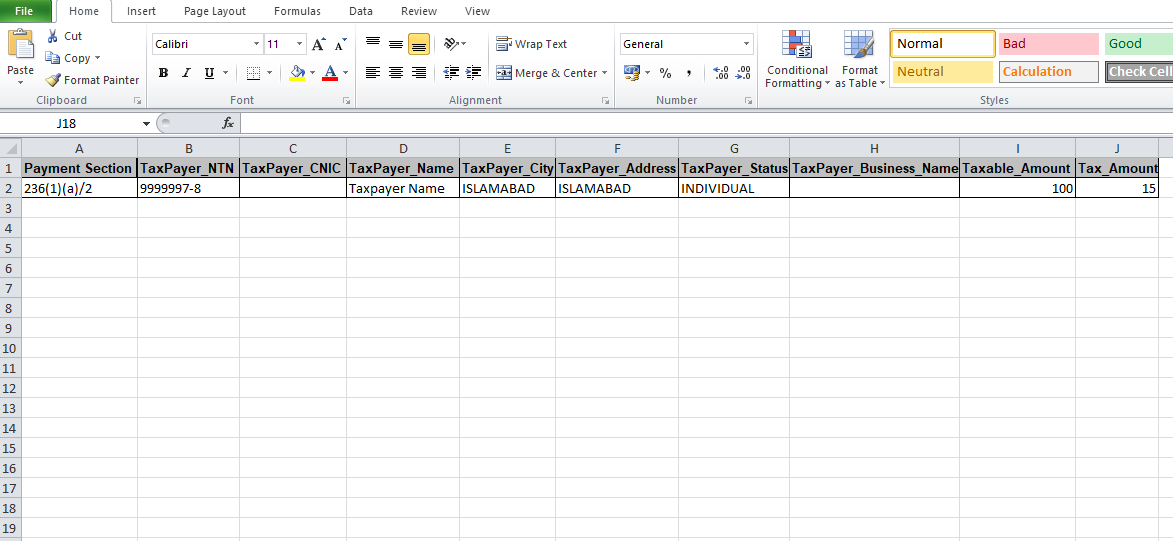 Screenshot of the FBR IRIS withholding tax Excel template used for creating PSID - Calculatemytax.pk