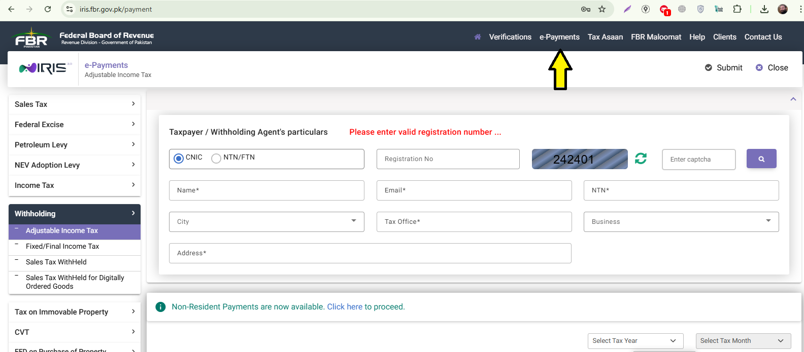 “Screenshot of FBR IRIS e-Payments section used for creating a PSID in Pakistan. Calculatemytax.pk
