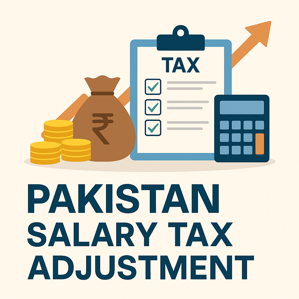 Image showing Pakistan salary tax adjustment with a clipboard, calculator, money bag, coins, and upward arrow representing employee tax savings